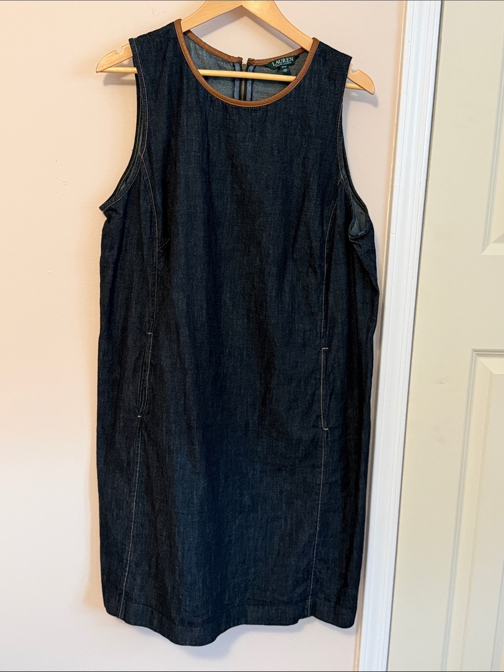 Lauren Ralph Lauren Dark Indigo Denim Midi Dress with Tan Leather Trim